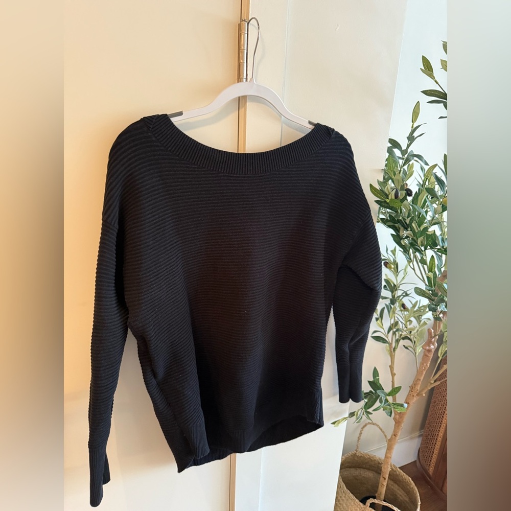 Offline by Aerie Black Ribbed Slouchy Neckline Long Sleeve Top